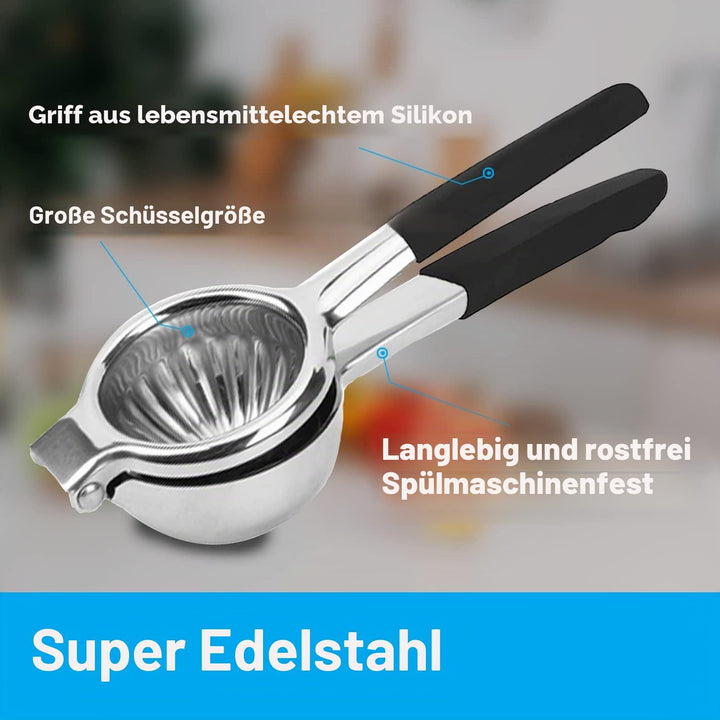 JOYIT Extra grosse Zitronenpresse aus Edelstahl – hochwertige robuste Zitronenpresse mit Silikongrif