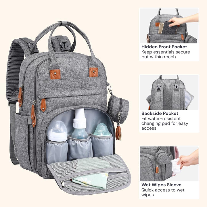 BabbleRoo Baby Wickeltasche/Rucksack, Wickelrucksack lässige Wickeltaschen Grau, Grau