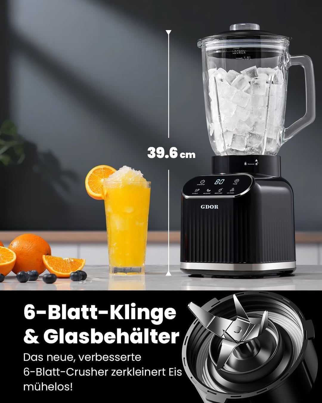 GDOR Professional Standmixer Glas 1200W Smoothie Maker 5 Programme Blender 1,5L Glasbehälter&700ml T