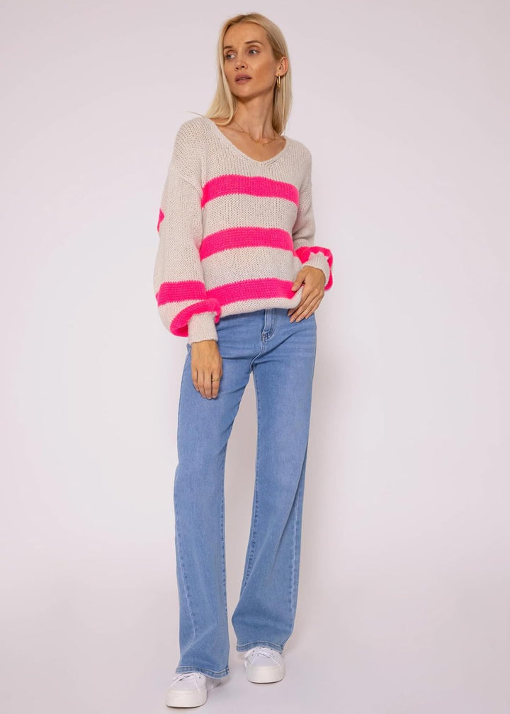 SASSYCLASSY Streifen Strickpullover Damen Oversize - Madie in Italy - grobmaschig V Ausschnitt Pulli