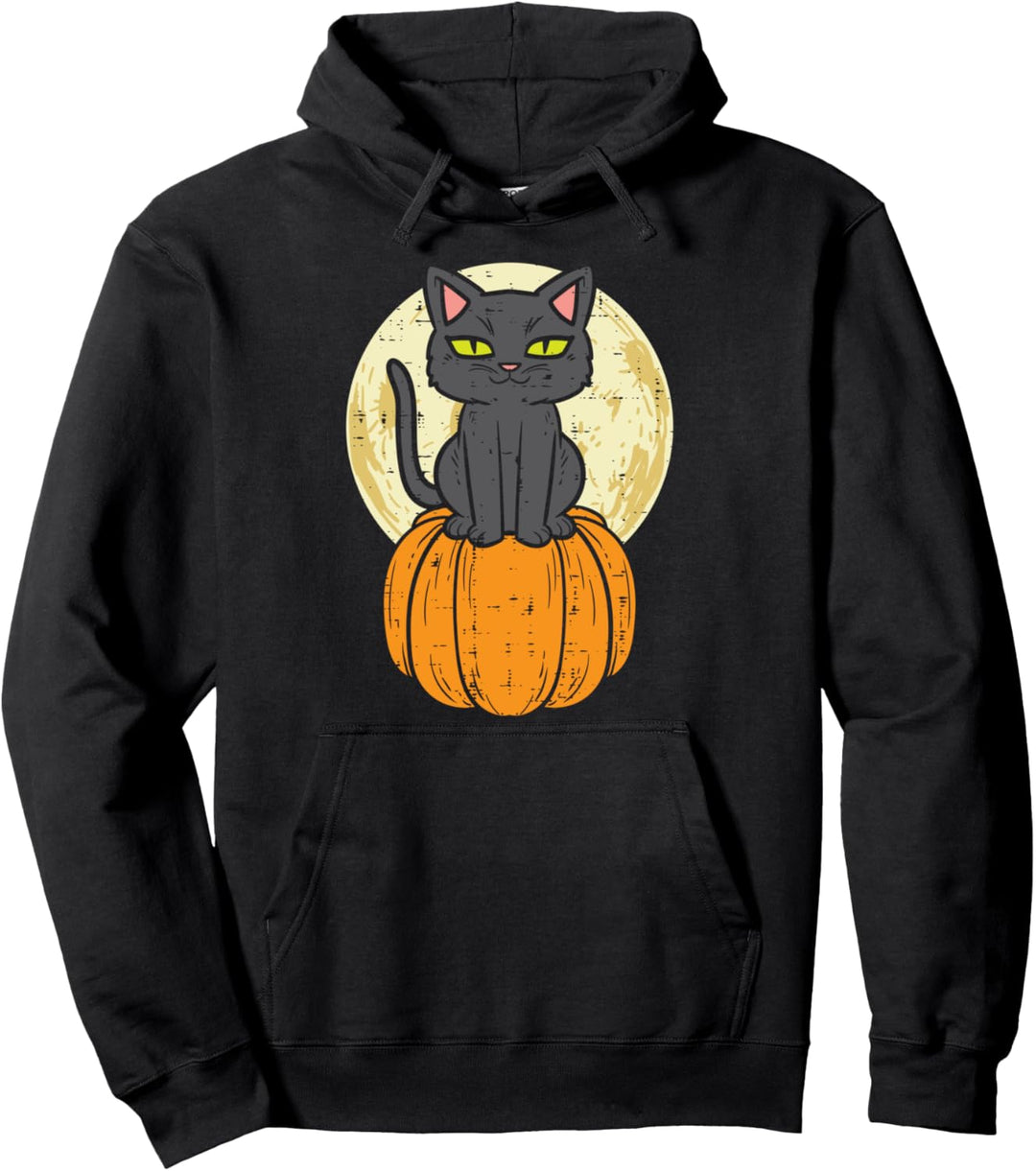 Schwarze Katze auf Kürbis Vollmond Halloween Haustier Männer Frauen Kinder Pullover Hoodie