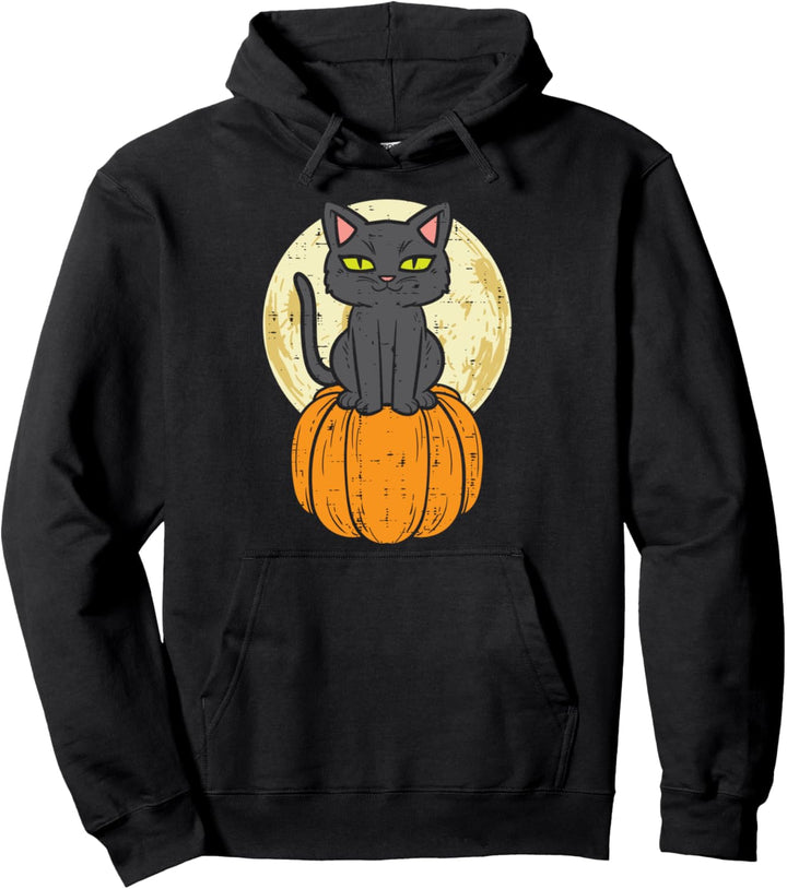 Schwarze Katze auf Kürbis Vollmond Halloween Haustier Männer Frauen Kinder Pullover Hoodie