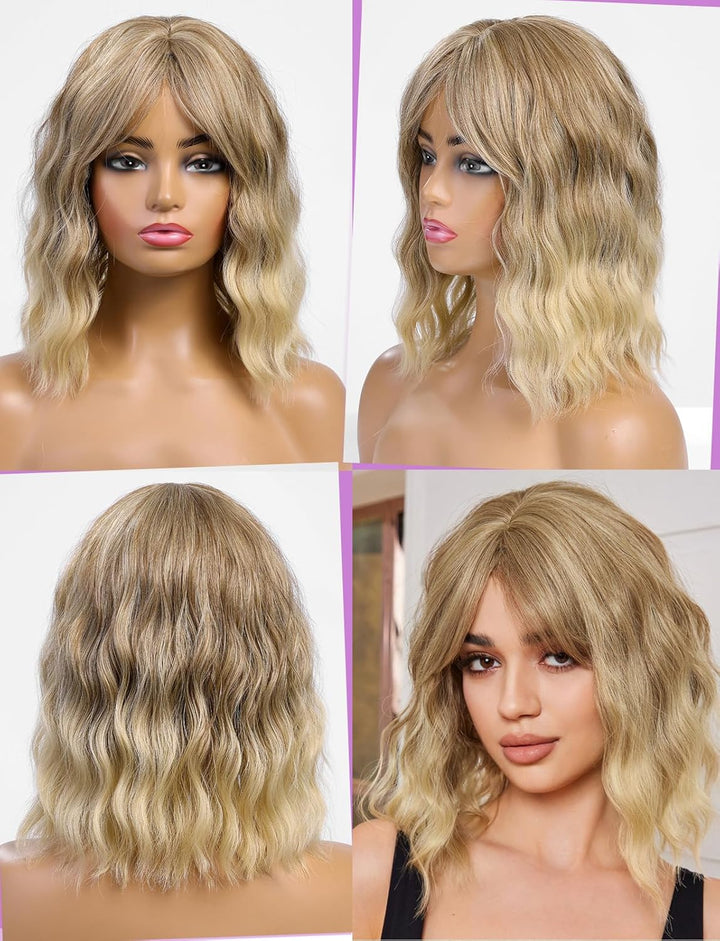 WOKESTAR Bob Lockige Perücke mit Fransen, Kurze Synthetische Gewellte Perücken für Frauen Ash Blonde