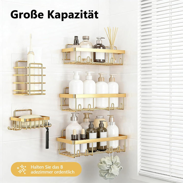 Duschablage Ohne Bohren Gold, 5 Stück Shampoo Halterung Für Dusche Mit Haken, Wiederverwendbar Edels