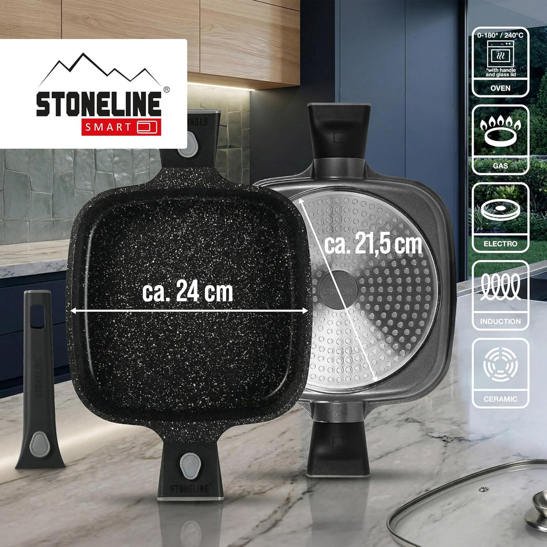 STONELINE SMART Servierpfanne 24 cm, Eckige Pfanne mit Deckel, Abnehmbarer Griff, Aluguss Pfanne Ind
