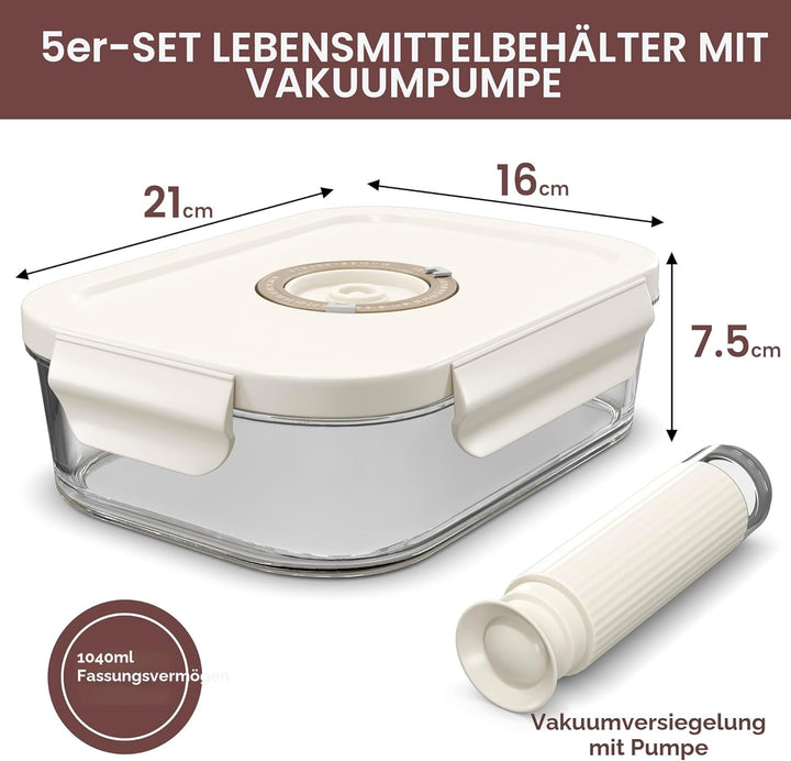 5er-Pack 1040ml Glas-Vakuum-Lebensmittelbehälter mit Datumsanzeige & Pumpe - luftdichte Vakuumbehält