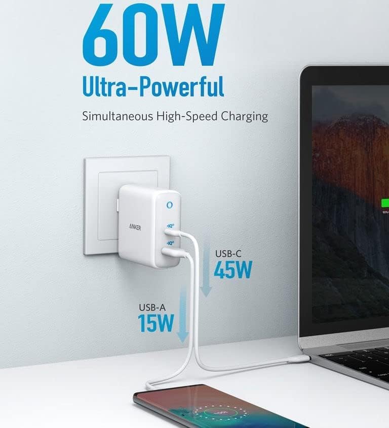 Anker PowerPort+ Atom III Kompaktes 60W PIQ 3.0 & GaN Tech Wandladegerät, Doppel-Port mit PIQ 2.0 US