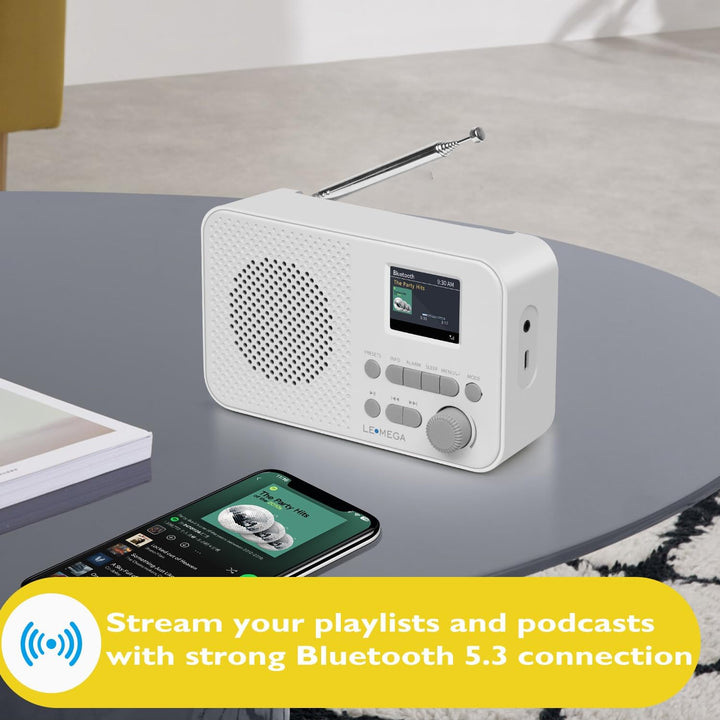 Tragbares DAB+-Radio mit Bluetooth | Wiederaufladbarer Akku mit 15 Stunden Spielzeit oder Netzbetrie