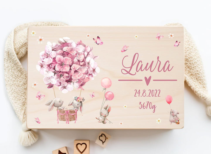 Little Deco Personalisierte Erinnerungskiste Baby Holzkiste | L - 40 x 30 x 22 cm | Hasen Geschenk G