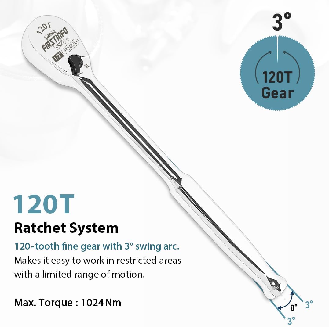 FIRSTINFO F32433D Ratsche 1/2″(12.7 mm) – versiegelter Kopf mit 120 Zähnen | kompakter umkehrbarer K