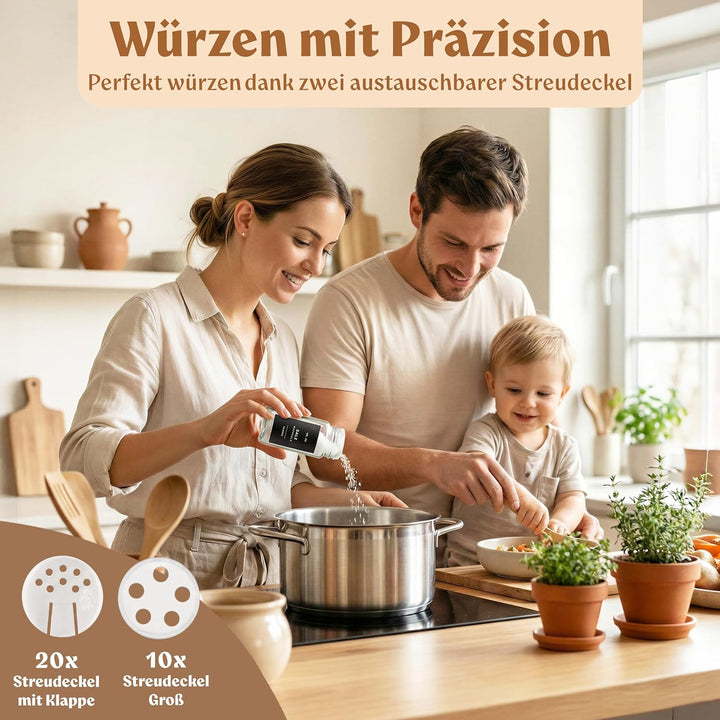 EDELHAUS® Gewürzgläser Eckig 120ml (24 Stk) Gewürzdosen mit 240 Gewürzetiketten, 24 Gewürzstreuer/St