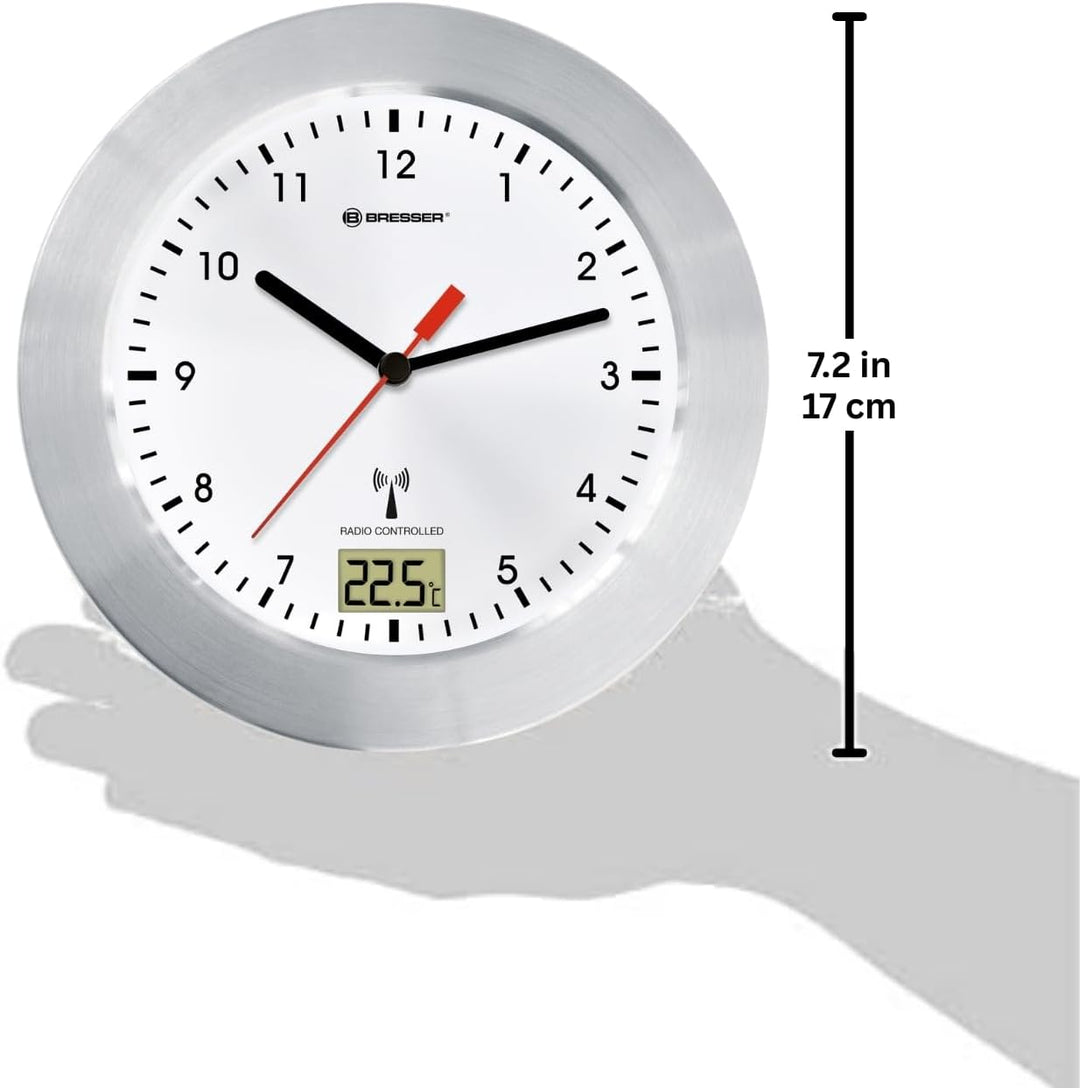 Bresser 8020114 Bad Wanduhr MyTime Bath mit Temperaturanzeige und Funkuhr mit gebürstetem Aluminiumr
