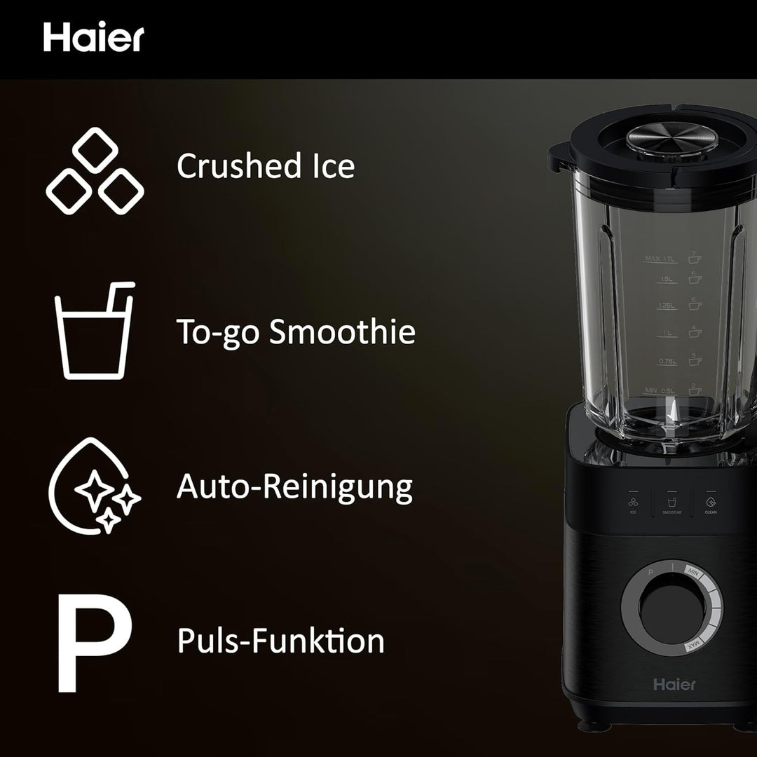 Haier Mixer mit Ice-Crush-Funktion & Smoothie Maker, 1200W I Standmixer mit 1,7L Glasbehälter & 0,6l