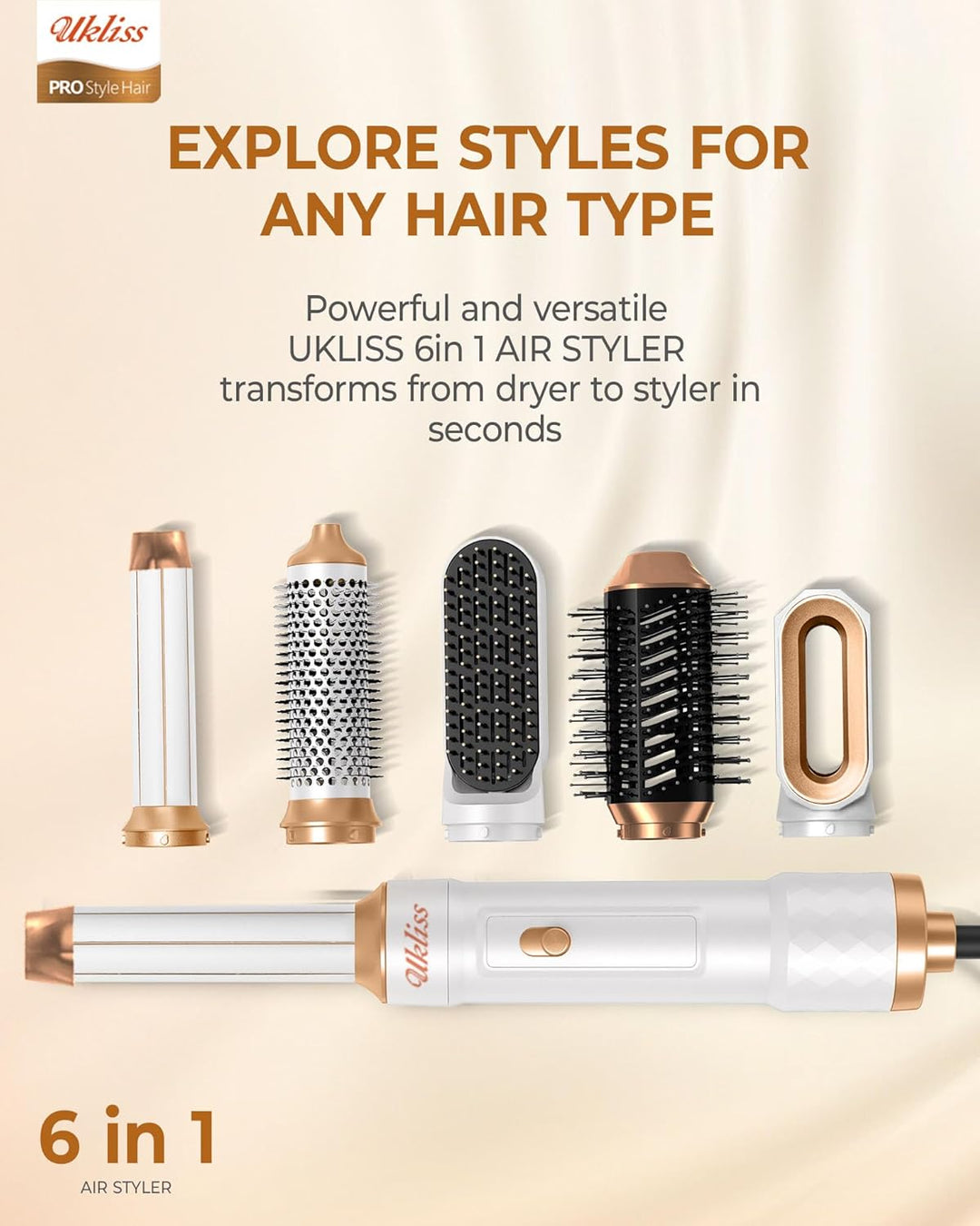UKLISS 6 in 1 Hairstyler, Hair Styler Set mit 6 Aufsätzen: Lockenföhn Automatisch, Rundbürstenföhn,
