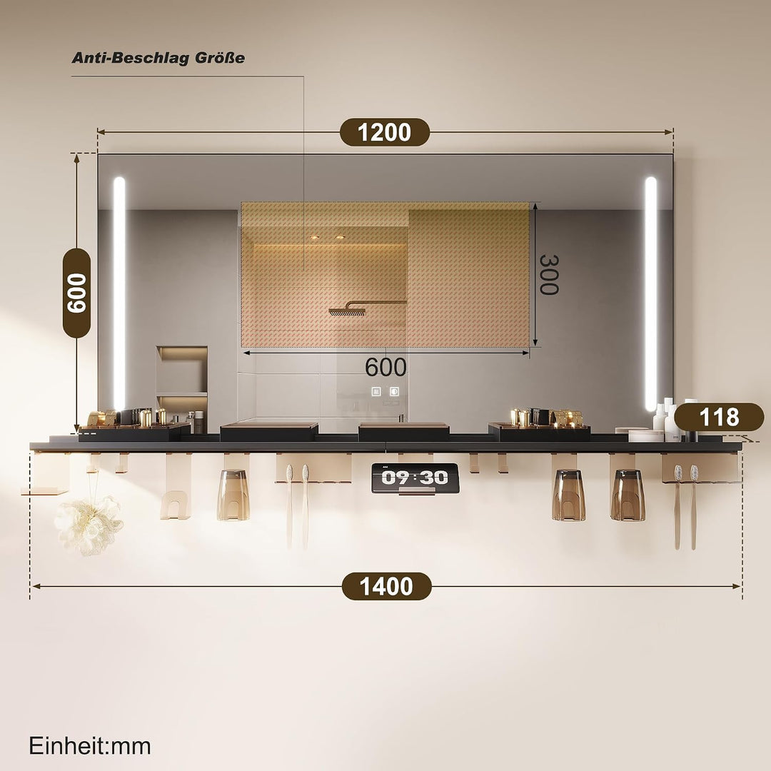 SONNI LED Badspiegel 120x60cm mit 140cm Ablage, Touch Badezimmerspiegel 3 Lichtfarben, Anti-Beschlag
