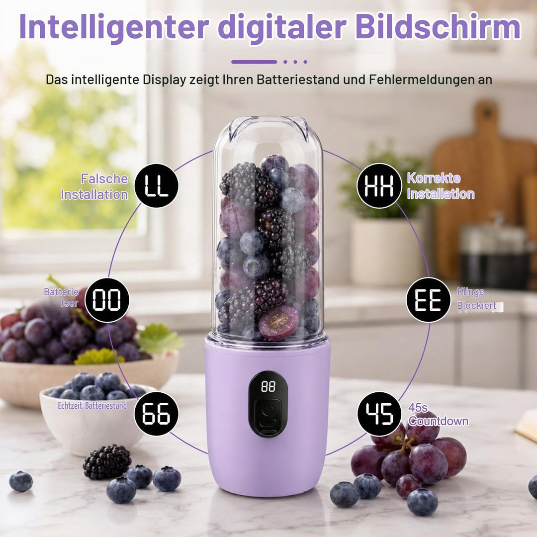 Tragbarer Mixer Smoothie Maker, 500 ml Mixer Smoothie Maker to Go mit Digitalanzeige, 16-Blatt MIXER