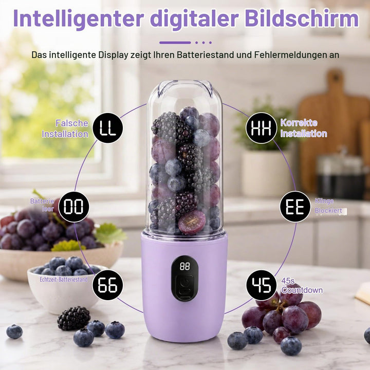 Tragbarer Mixer Smoothie Maker, 500 ml Mixer Smoothie Maker to Go mit Digitalanzeige, 16-Blatt MIXER