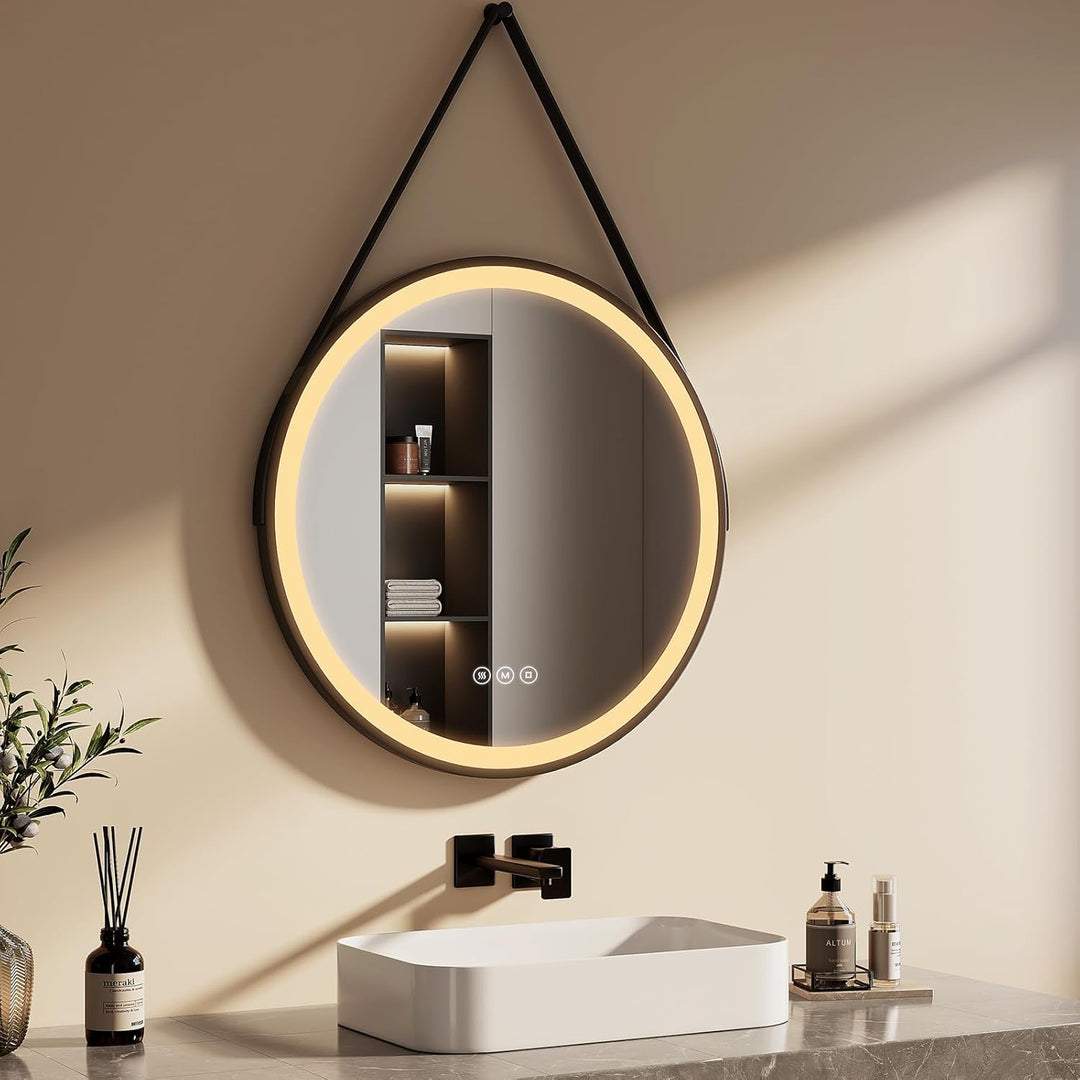 EMKE Badspiegel Rund Schwarz 70 cm, Badspiegel mit Beleuchtung und Touchschalter, 3 dimmbare Lichtfa