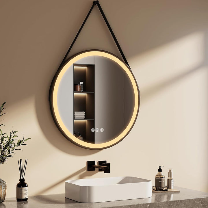 EMKE Badspiegel Rund Schwarz 70 cm, Badspiegel mit Beleuchtung und Touchschalter, 3 dimmbare Lichtfa