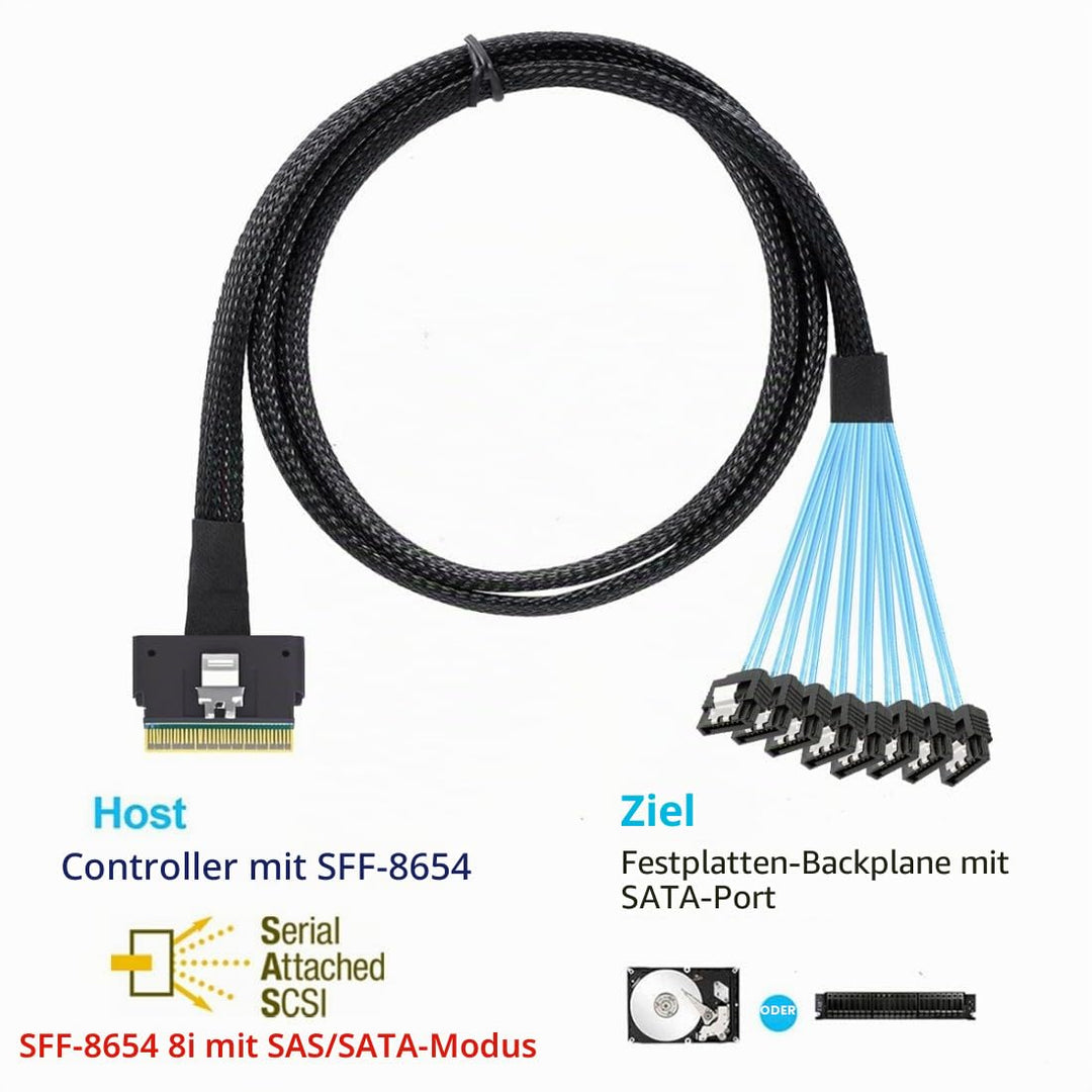 chenyang SlimSAS Host/RAID zu SATA Zielkabel, Slim SAS 4.0 SFF-8654 8i 74Pin 1 zu 8 SATA 7Pin Raid C