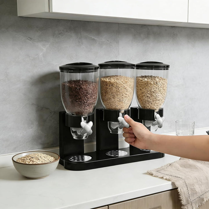 Müslispender 2L 3er Set, Cereal Dispenser mit Sichtfenster (Schwarz) | Dreifacher Müsli Verteiler, G
