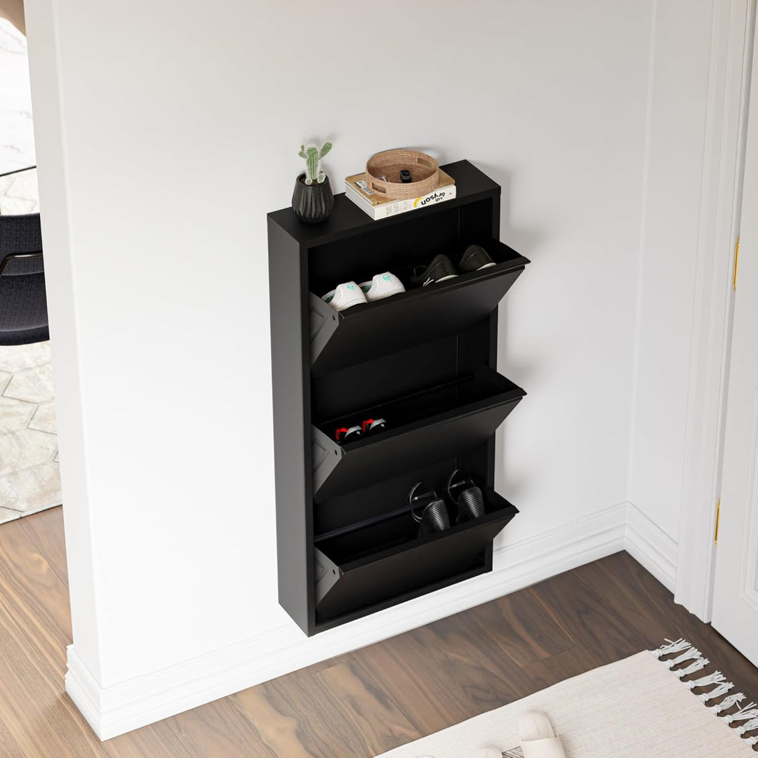 [en.casa] Schuhschrank Sokndal Schuhkipper Schwarz schmal Schuhkommode mit 3 Kippfächern Diele Flur