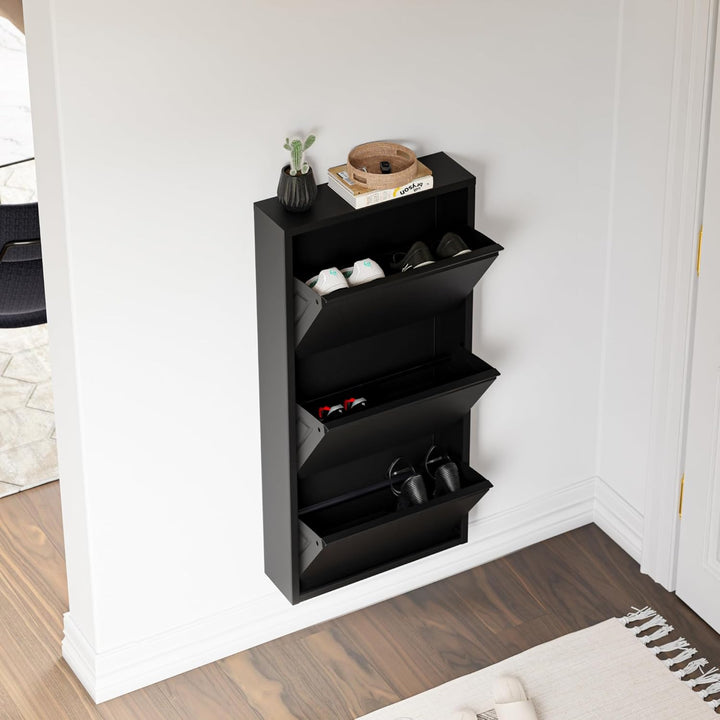 [en.casa] Schuhschrank Sokndal Schuhkipper Schwarz schmal Schuhkommode mit 3 Kippfächern Diele Flur
