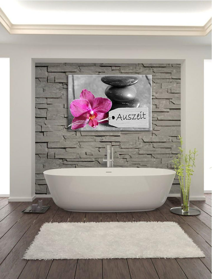 Orchidee mit Zen Steinen schwarz/weiss Format: 100x70 auf Leinwand, XXL riesige Bilder fertig gerahm