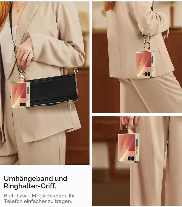Miimall Lederhülle Kompatibel mit Samsung Galaxy Z Flip 7 Hülle mit Band+Ring Ständer [HD Displaysch