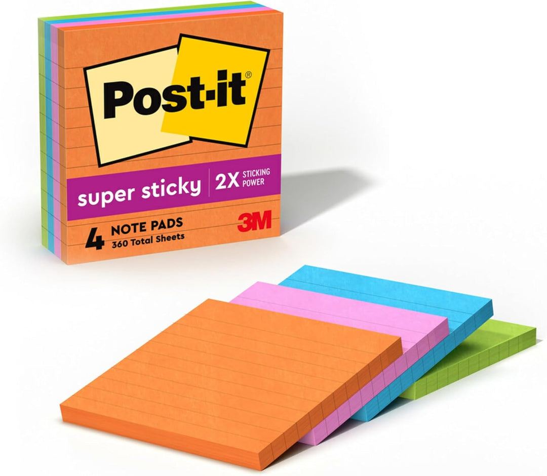 Post-it Super Haftnotizen, liniert, 4 Haftnotizblöcke, 10,2 x 10,2 cm, ideal für die Organisation in