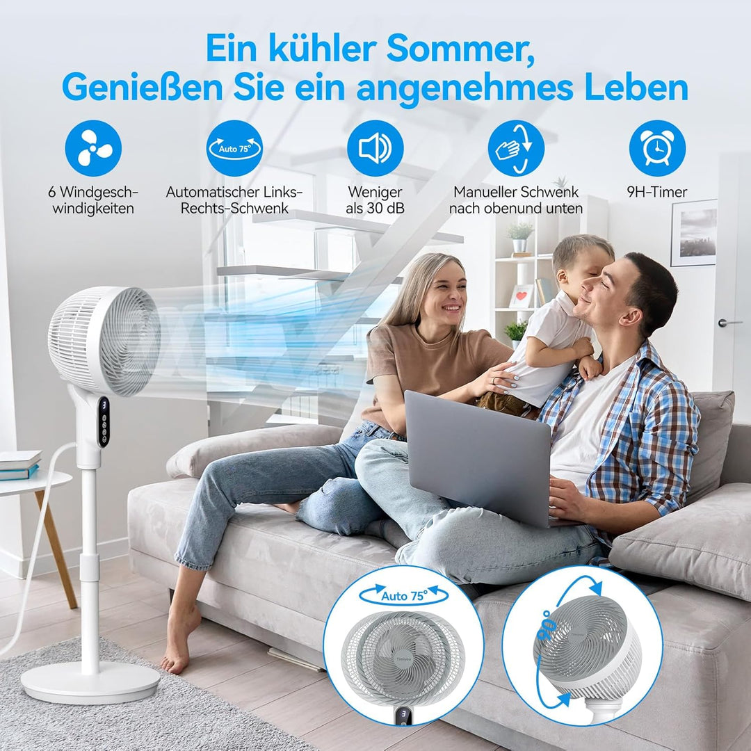 Smart Standventilator 100cm, Ventilator Leise 22dB, Turbo-Luftzirkulator mit 6 Modi, Windabstand 10