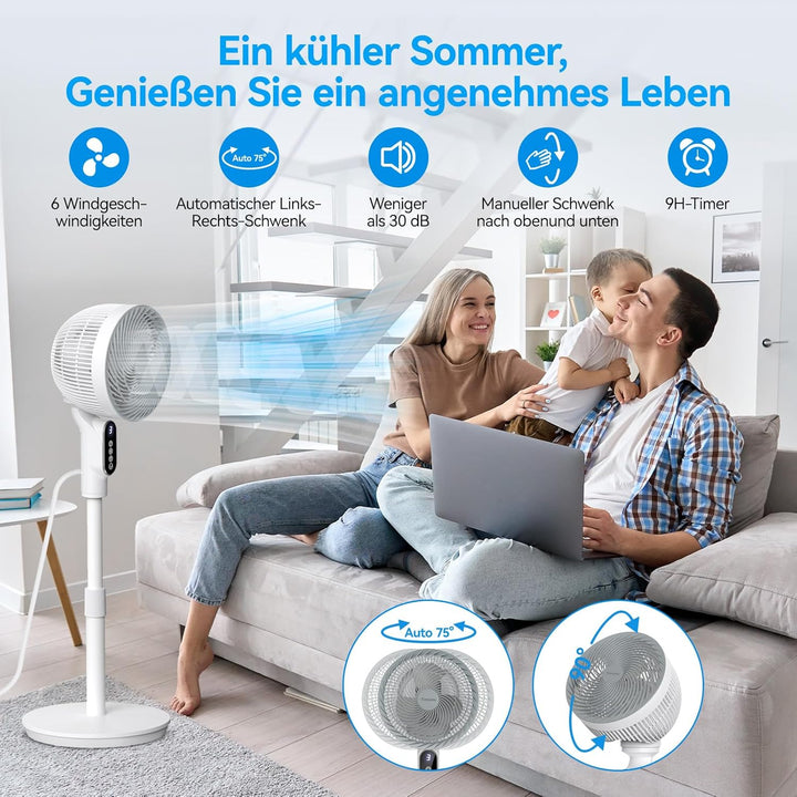 Smart Standventilator 100cm, Ventilator Leise 22dB, Turbo-Luftzirkulator mit 6 Modi, Windabstand 10