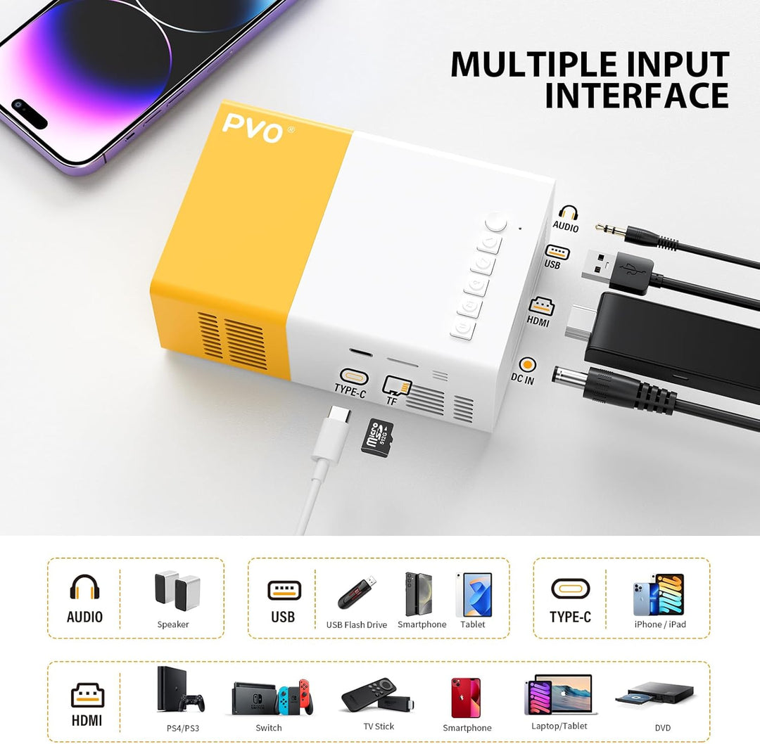 Mini Beamer, PVO WiFi projektor Tragbarer Filmprojektor, Telefonbildschirm Kann Drahtlos Oder per Da