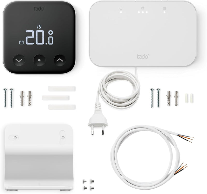 tado° Kabelloses Smartes Thermostat X – Starter Kit mit Raumthermostat, Bridge X und Standfuss, Steu