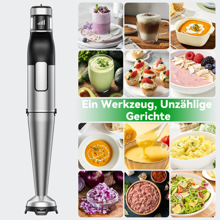 Stabmixer Set 5 in 1, 1100W Pürierstab Elektrisch, Stufenlose Geschwindigkeit, Edelstahl Hand Blende