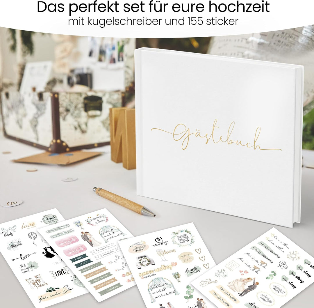 Hyggartn Gästebuch Hochzeit mit Stickern – Weisses Blanko Gästebuch 100 Seiten, Hochzeitsgästebuch &