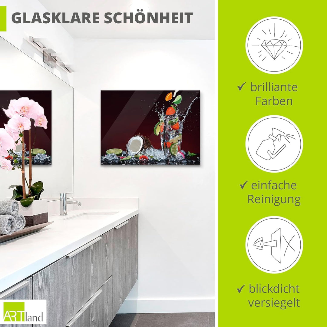 ARTland Glasbilder Wandbild Glas Bild einteilig 80x60 cm Querformat Früchte im Wasser Cocktails Fruc