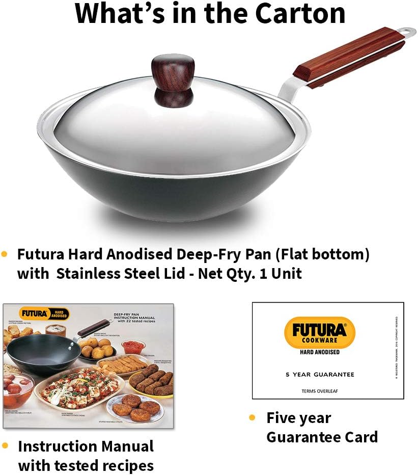 Futura Hard eloxiert deep-fry Pan (Kadhai) mit Stahl Deckel und flacher Boden 2.5L, 2.5L