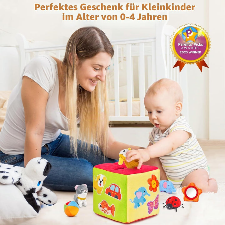 JoyCat Baby Spielzeug 6 Monate, Mystery Soft Box mit 10 Stück Sensorik Spielzeug, Rassel, Spiegel, M