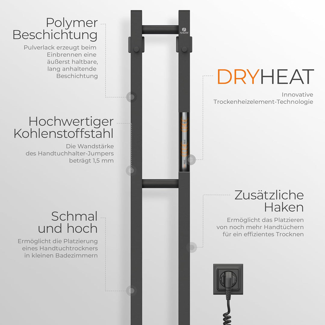 NAVIN Elektrischer Handtuchtrockner Silouette Quadro 160x1000 - Schwarz aus robustem Kohlenstoffstah