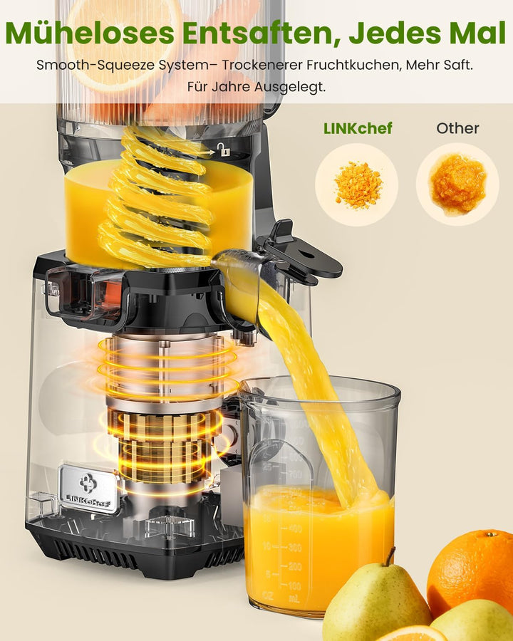 LINKChef Entsafter Slow Juicer, 130MM Öffnung und 1,8L Entsafter für Ganze Gemüse und Obst, Juicer M