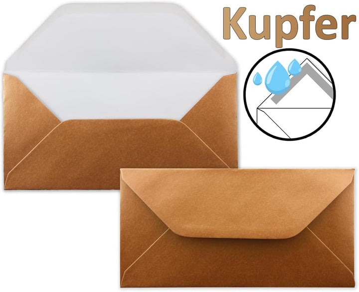 150 Brief-Umschläge Kupfer Metallic DIN Lang - 110 x 220 mm (11 x 22 cm) - Nassklebung ohne Fenster