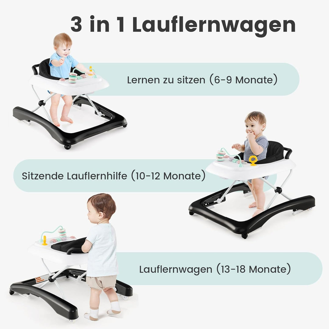 DREAMADE Baby Walker, Klappbare Lauflernhilfe mit 3 Verstellbaren Höhen, Abnehmbarer Spielplatte & S