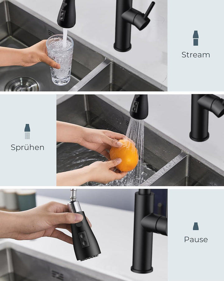 FORIOUS Wasserhahn Küche Schwarz, Küchenarmatur Ausziehbar, Zwei Sprühfunktione, 360° Schwenkbar Ede