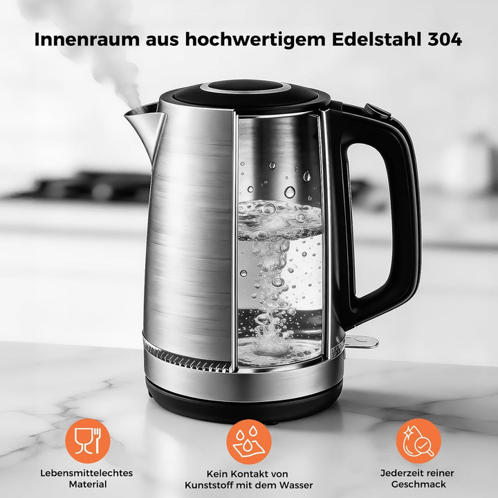 YASHE Wasserkocher Edelstahl 1,7L, 2200W Schneller Elektrischer Wasserkocher mit Kalkfilter, Wasserk