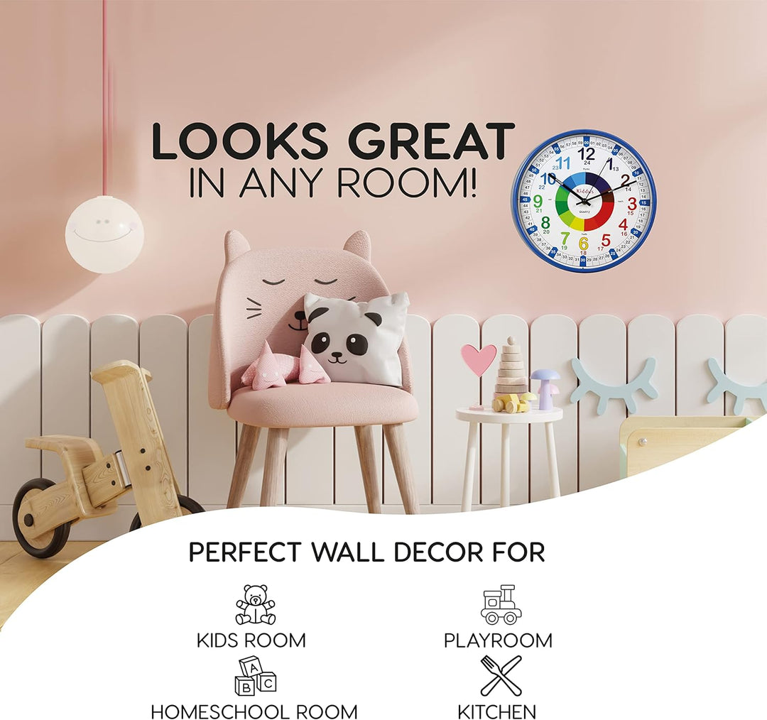 Kiddus Kinder Wanduhr, Jungen und Mädchen, Analoger Lernuhr mit Zeitlernübungen, Kinderwanduhr Ohne