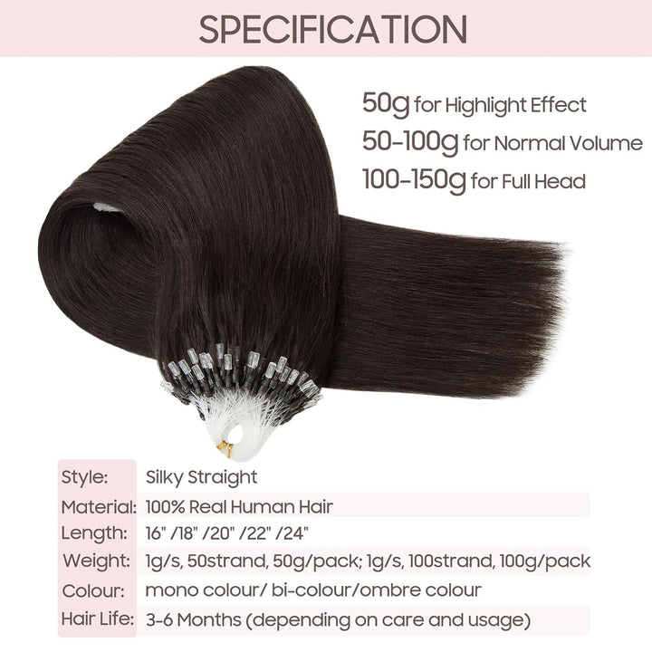 Haarverlängerung Extensions Echthaar Loop Extensions Natürlich Glatt Haarteil 7A Human Hair 0,5g/Str