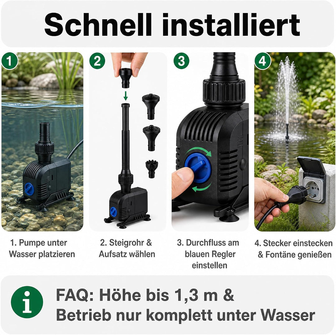 AquaOne Teichfontäne HJ 603 I Multifunktions Unterwasser Pumpe mit Fontäne 600 L/h I Springbrunnenpu