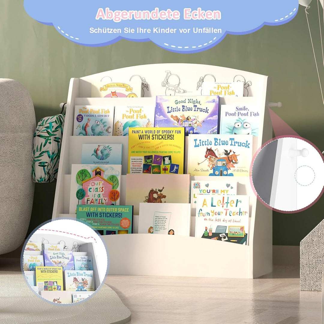NACHES Kinder Bücherregal mit 5 offenen Fächern und Haken, Kinderregal Holz, Montessori Aufbewahrung