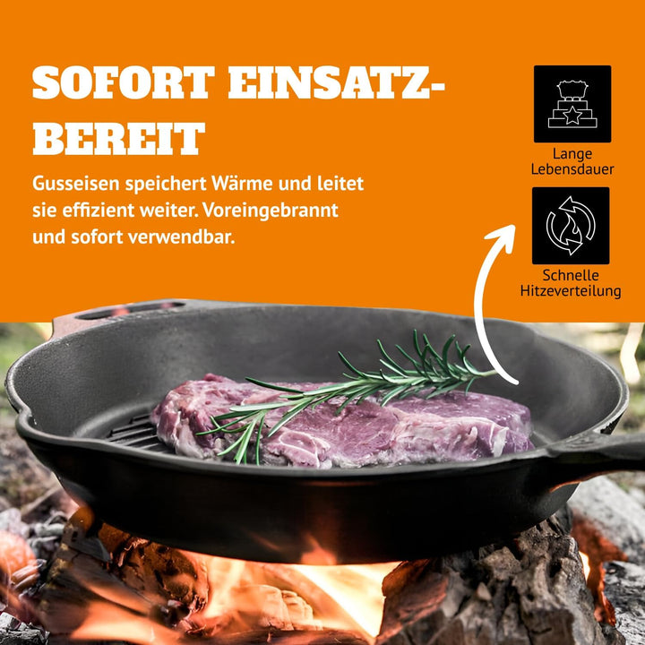 Petromax Grill-Feuerpfanne mit 2 Henkeln - Grillpfanne aus Gusseisen für alle Herdarten, Gasflamme,